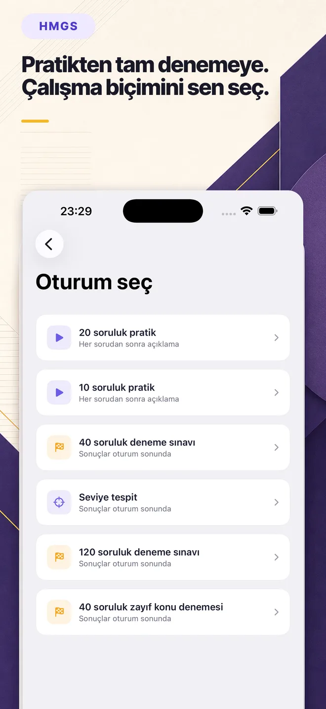 Pratik, mini deneme, seviye tespiti ve deneme seçenekleri.